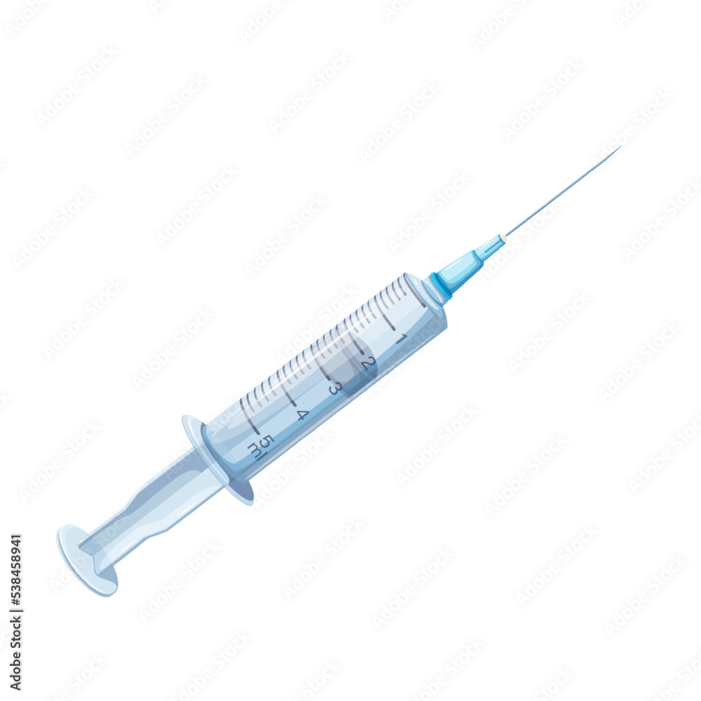 Syringe from first aid kit box vector illustration. Cartoon isolated medical injector with needle to inject dose of liquid medicines and drugs, sterile plastic disposable syringe for vaccine injection - obrazy, fototapety, plakaty 