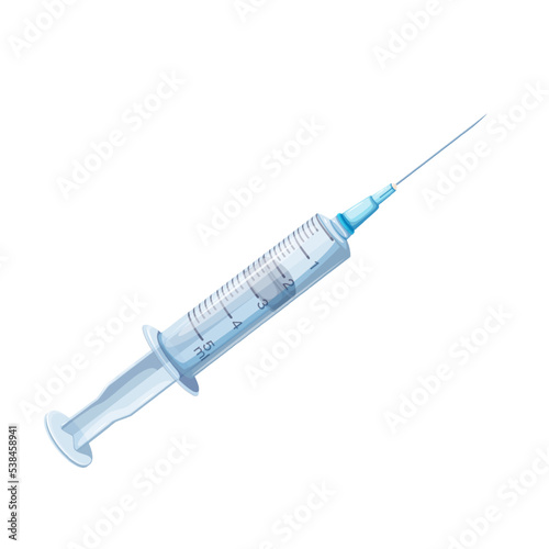 Syringe from first aid kit box vector illustration. Cartoon isolated medical injector with needle to inject dose of liquid medicines and drugs, sterile plastic disposable syringe for vaccine injection