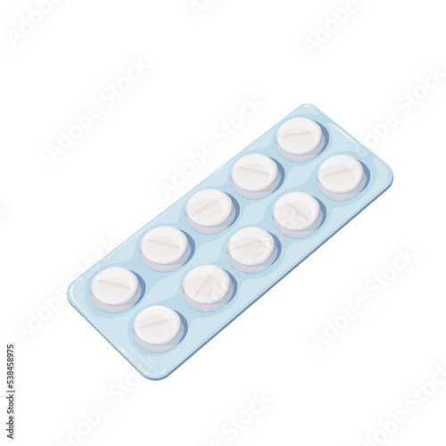 Pills in blister vector illustration. Cartoon isolated medical plastic pack with tablets, medicines and drugs from pharmacy, foil box with white round pills, pharmaceutical medication in container
