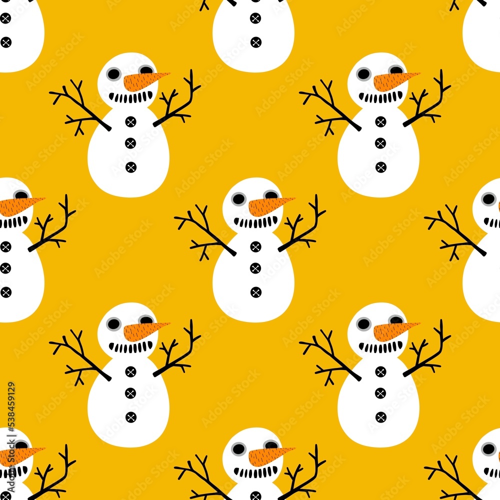 Winter Christmas seamless snowman with carrot and scarf pattern for wrapping paper and Noel and kids and fabrics