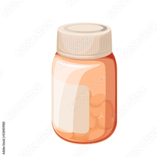 Glass bottle with medical pills vector illustration. Cartoon isolated brown container with plastic screw cap and blank label from pharmacy, pharmaceutical vial packaging with medicaments and drugs