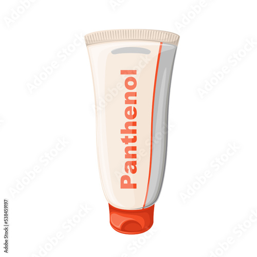 Panthenol package vector illustration. Cartoon isolated plastic container with medical or cosmetic product to care skin health after sun, tube with label, lid and panthenol, analog of pantothenic acid