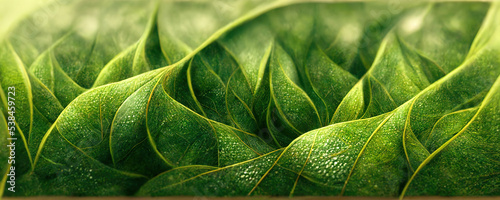 Spectacular realistic detailed veins and a vivid green coloration are revealed in this abstract close-up of green leaf. Digital 3D illustration. Macro artwork.