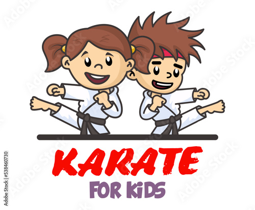 Jumping Girl and Boy in karate discipline. Martial arts school for childrens. Baby Karate logo. Strong kids concept.