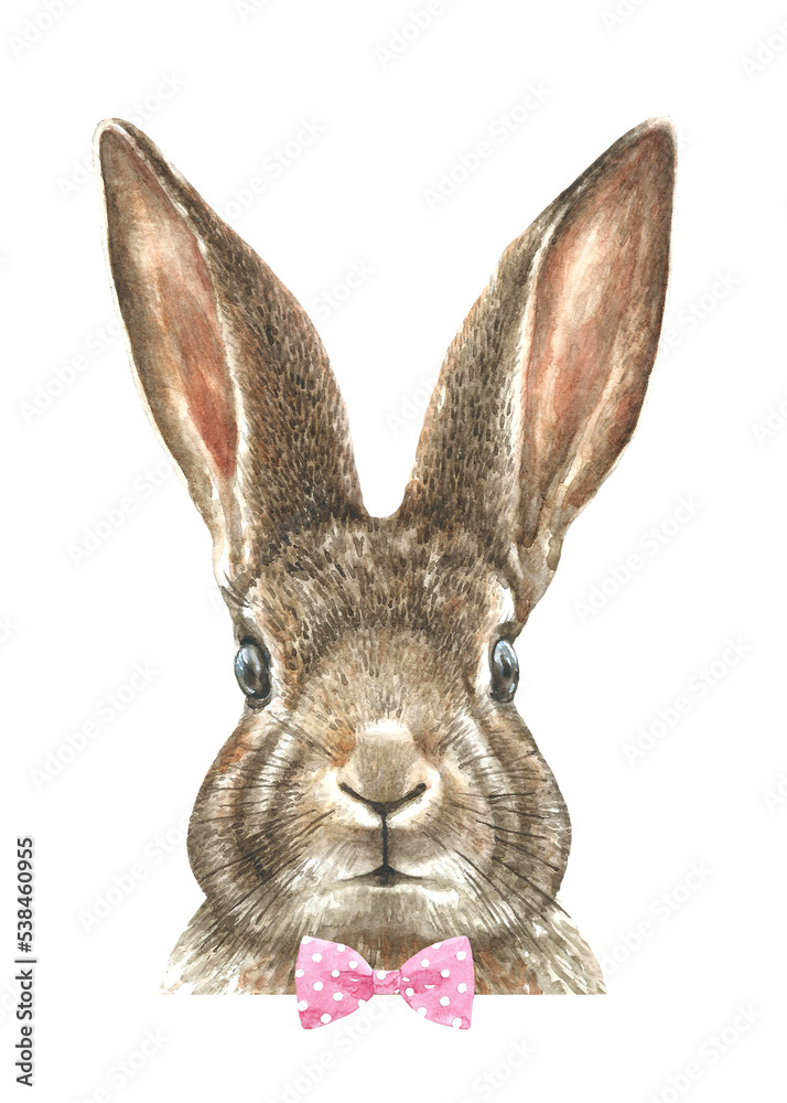 Fototapeta premium Happy Easter Watercolor bunny illustration card printable..Cute baby rabbit drawing, realistic, detailed animal head,face,portrait. Nursery animal, print, greeting card, Easter,spring ,egg hunt, card