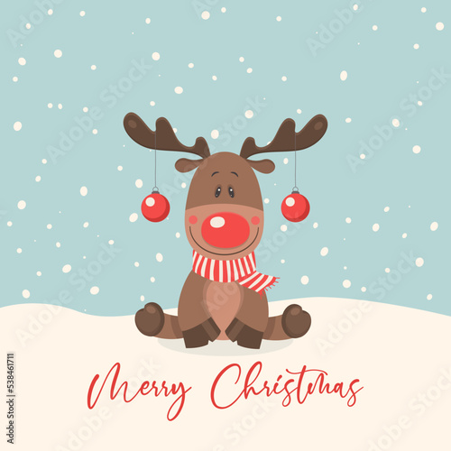 Vector Cute and Funny Christmas Deer. Cartoon Christmas Reindeer, Design Template for New Year 2023 Card, Christmas Poster, Sticker, T-shirt Print, Kids Design