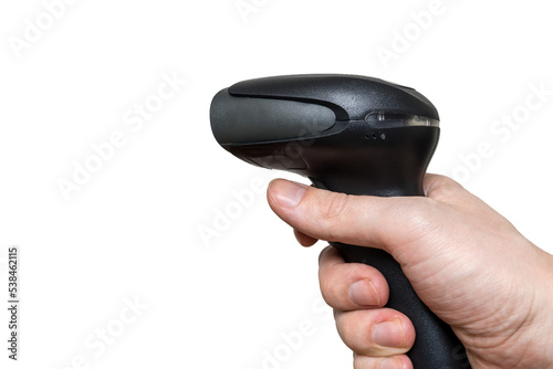 Man is holding barcode scanner in hand on transparent background.