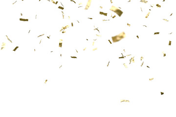 Golden confetti falling down isolated on transparent background.
