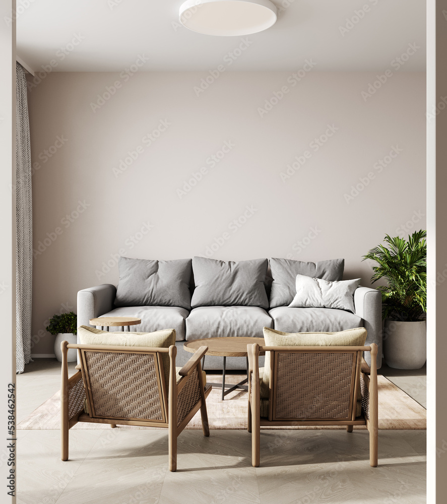 Mock up wall in modern interior background, neutral wooden living room with dried plant and home decor, 3d render Mock up wall in modern interior background, neutral wooden living room with dried plant and home decor, 3d render