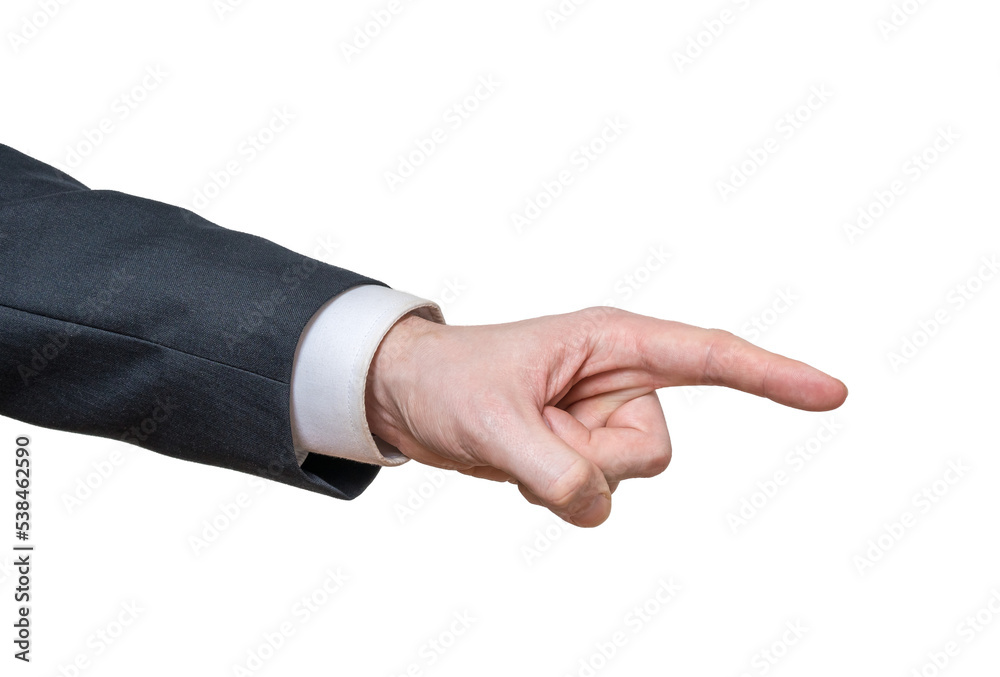 Hand of man in suit pointing right with finger on transparent background. Hand of man in suit pointing right with finger on transparent background.