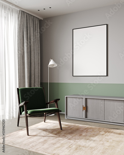 Mockup frame in Scandinavian living room interior background, with green chair, 3d render