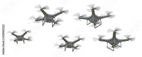 Many drones flying on transparent background.