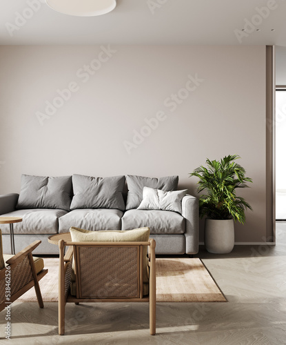 Bright contemporary living room mockup with beigewall and wooden floor, gray sofa, armchair and coffee table, living room interior background, 3d rendering