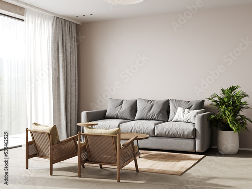 Interior wall mockup with sofa and pillows on empty white living room background. 3D rendering  illustration