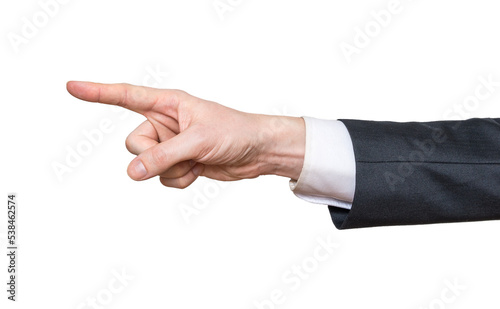 Hand of man in suit pointing left with finger on transparent background.