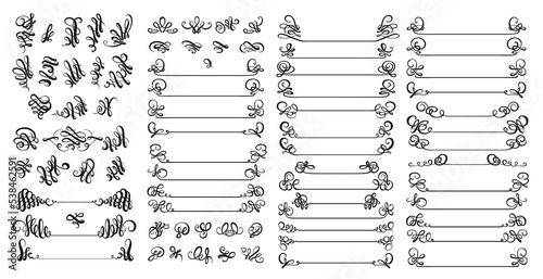 Very big set of black calligraphically executed dividers, vignettes, design elements on a white background