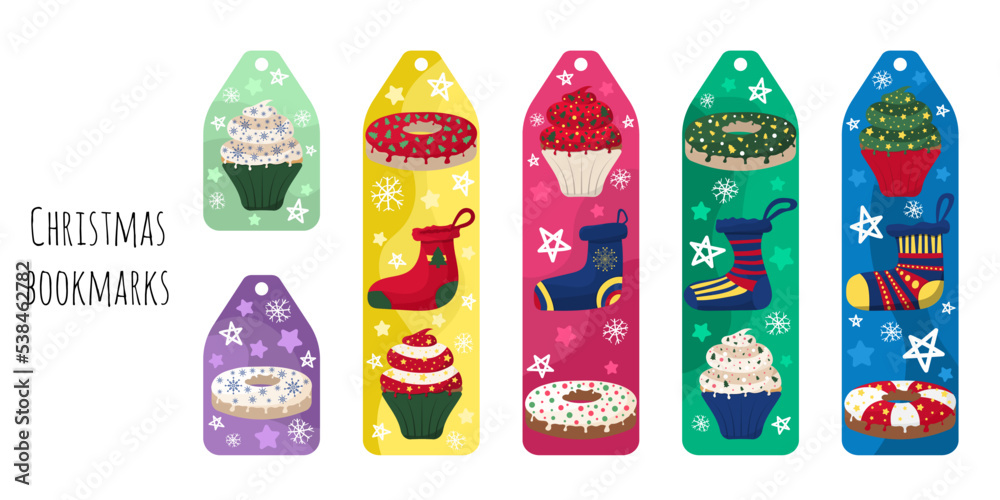 Set of 6 templates of bright and colorful Christmas 
 bookmarks. Christmas children's bookmarks with Christmas bakery, socks, snowflakes and stars. Bookmarks for reading.Isolated on a white background