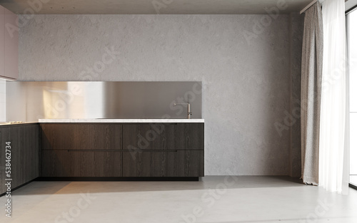 Minimal kitchen interior in beige color, concrete and wood material, 3d rendering