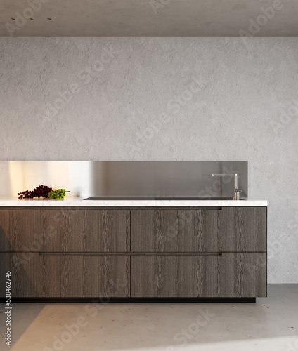 Minimal kitchen interior in beige color, concrete and wood material, 3d rendering © Liliia