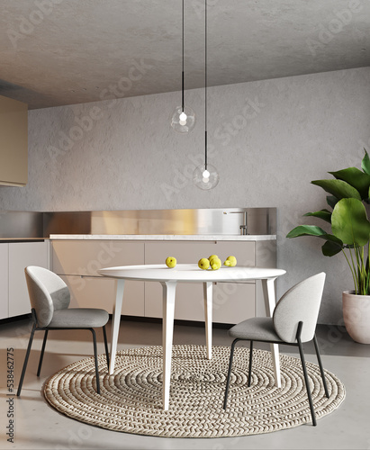 Modern kitchen interior with dining area  3d rendering