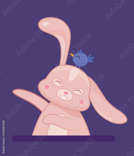 Best friend rabbit. Charming character waving, forest dweller and wildlife. Poster or banner for website. Emotions, feelings and mood. Toy or mascot for children. Cartoon flat vector illustration