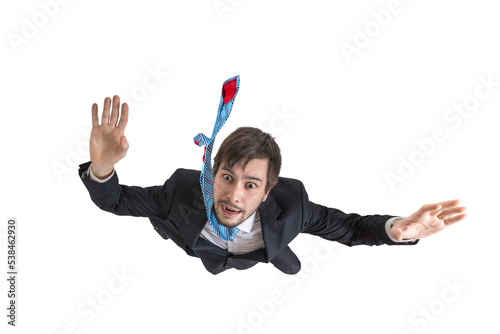Scared businessman is falling down isolated on transparent background.