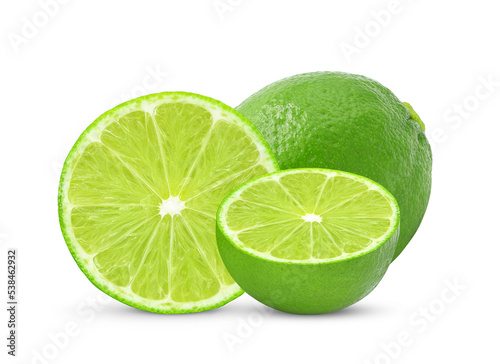 Slices of lime fruit isolated on white background.