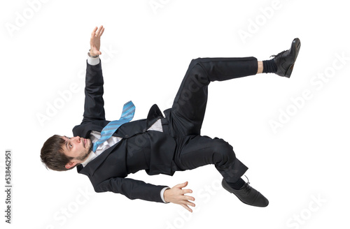 Scared businessman is falling down isolated on transparent background. photo