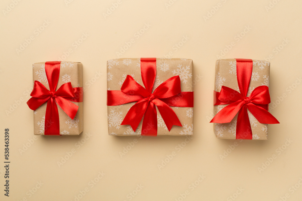 Gift boxes on color background, top view Gift boxes on color background, top view