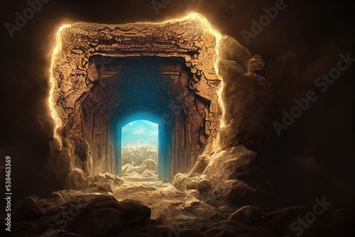 Fantasy night landscape with magical power, ancient stones with magical power and light, runes. Passage to another world, magic door, light, neon. 3D illustration