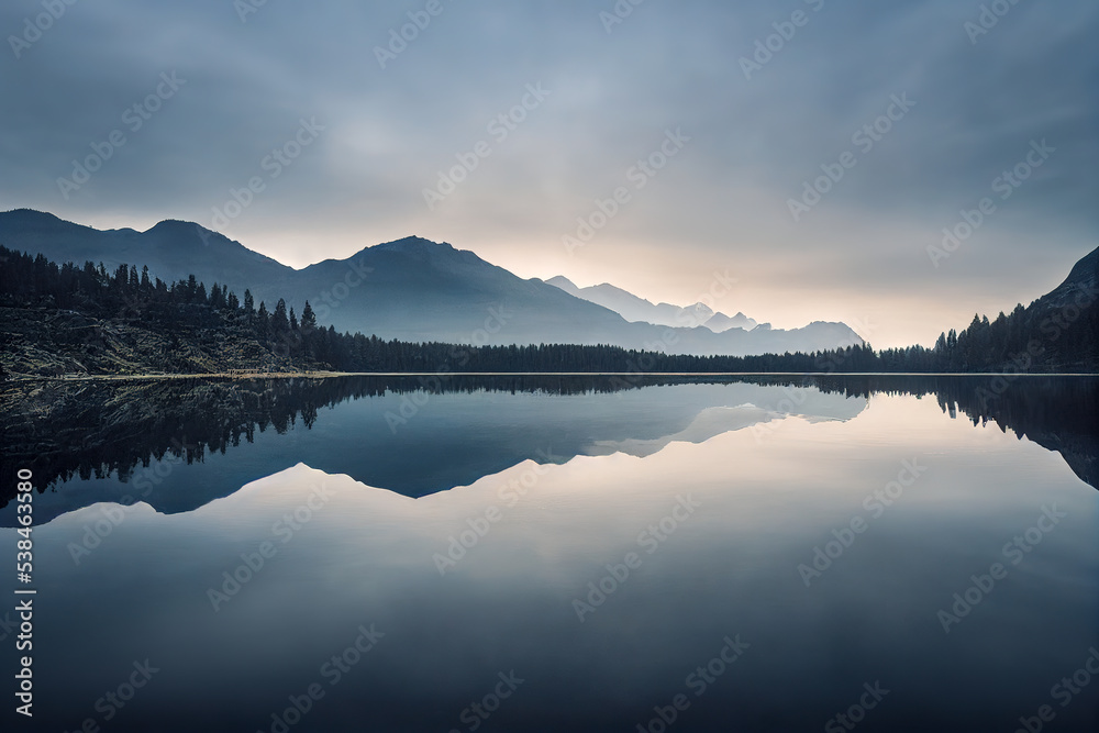 Mountain lake with reflection on a cloudy day