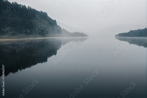 Fototapeta Naklejka Na Ścianę i Meble -  Mountain lake covered in fog