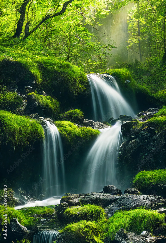 Waterfall cascades in a green forest - obrazy, fototapety, plakaty 