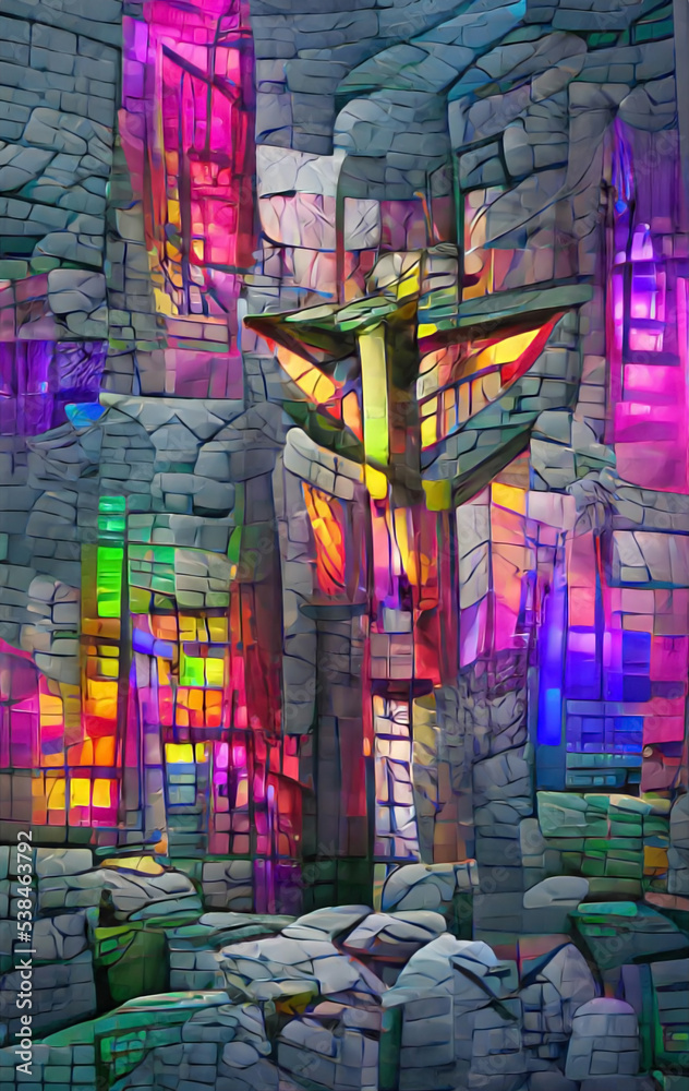 cavern chapel modern rustic cross wall digital art, AI generated artwork plus editing