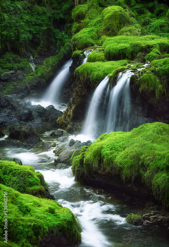 Waterfall cascade in the forest with flowing water