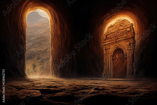 Fantasy night landscape with magical power, ancient stones with magical power and light, runes. Passage to another world, magic door, light, neon. 3D illustration