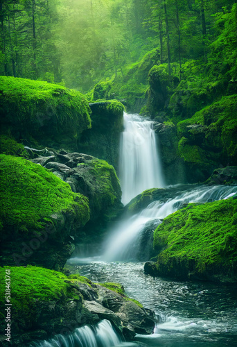 Waterfall in a green forest with rocks and green moss