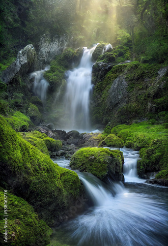 Tropical waterfall with rocks and green moss © eyetronic