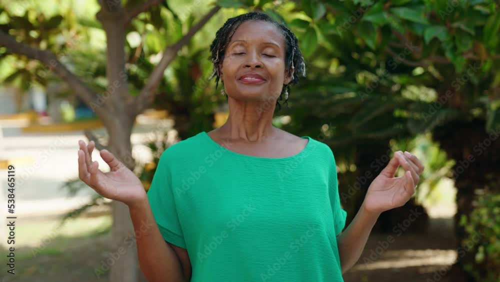 Middle age african american woman smiling confident doing yoga exercise at park Middle age african american woman smiling confident doing yoga exercise at park