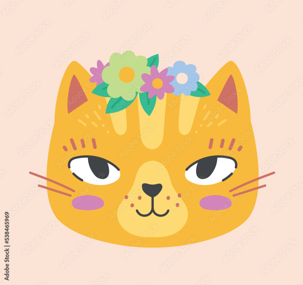 Yellow cat with wreath. Charming kitten with flowers on his head. Symbol of spring and summer seasons. Decoration and accessory. Graphic element for website. Cartoon flat vector illustration Yellow cat with wreath. Charming kitten with flowers on his head. Symbol of spring and summer seasons. Decoration and accessory. Graphic element for website. Cartoon flat vector illustration
