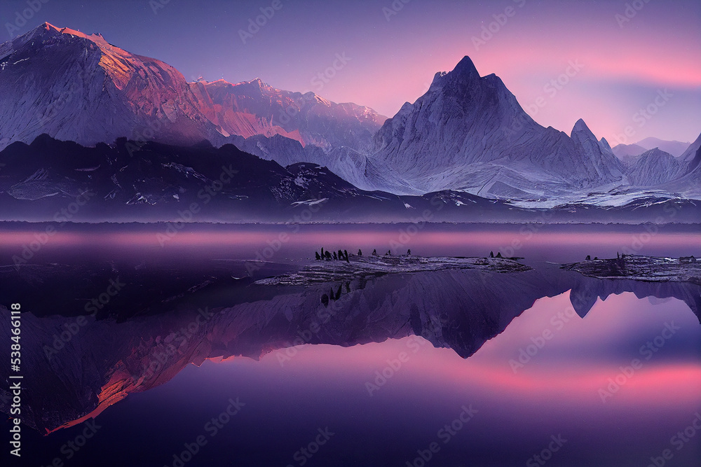 Lake landscape at sunset with glaciers, mountains and reflection
