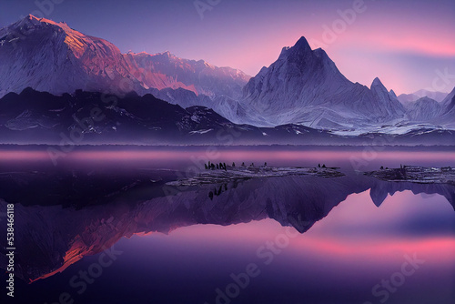 Lake landscape at sunset with glaciers, mountains and reflection 