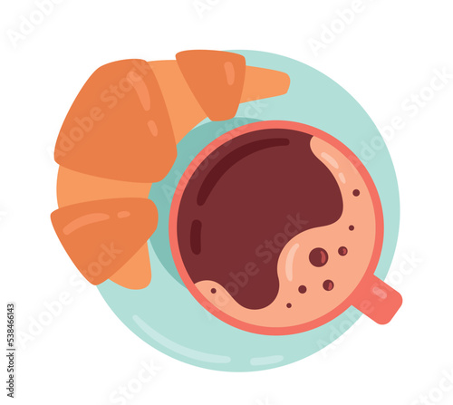 Coffee or tea in cup. Hot drink with croissant, dessert and delicacy, gourmet. Traditional morning, breakfast and lunch. Sticker for social networks and messengers. Cartoon flat vector illustration