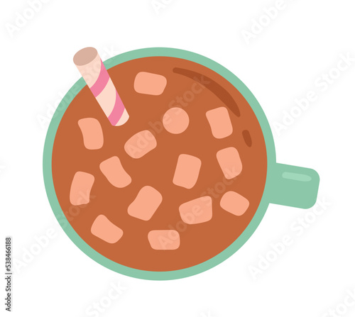 Coffee or tea in cup. Top view of mug with cold drink, straw and pieces of sweets. Dessert and delicacy, gourmet. Cafe or restaurant, advertising poster or banner. Cartoon flat vector illustration