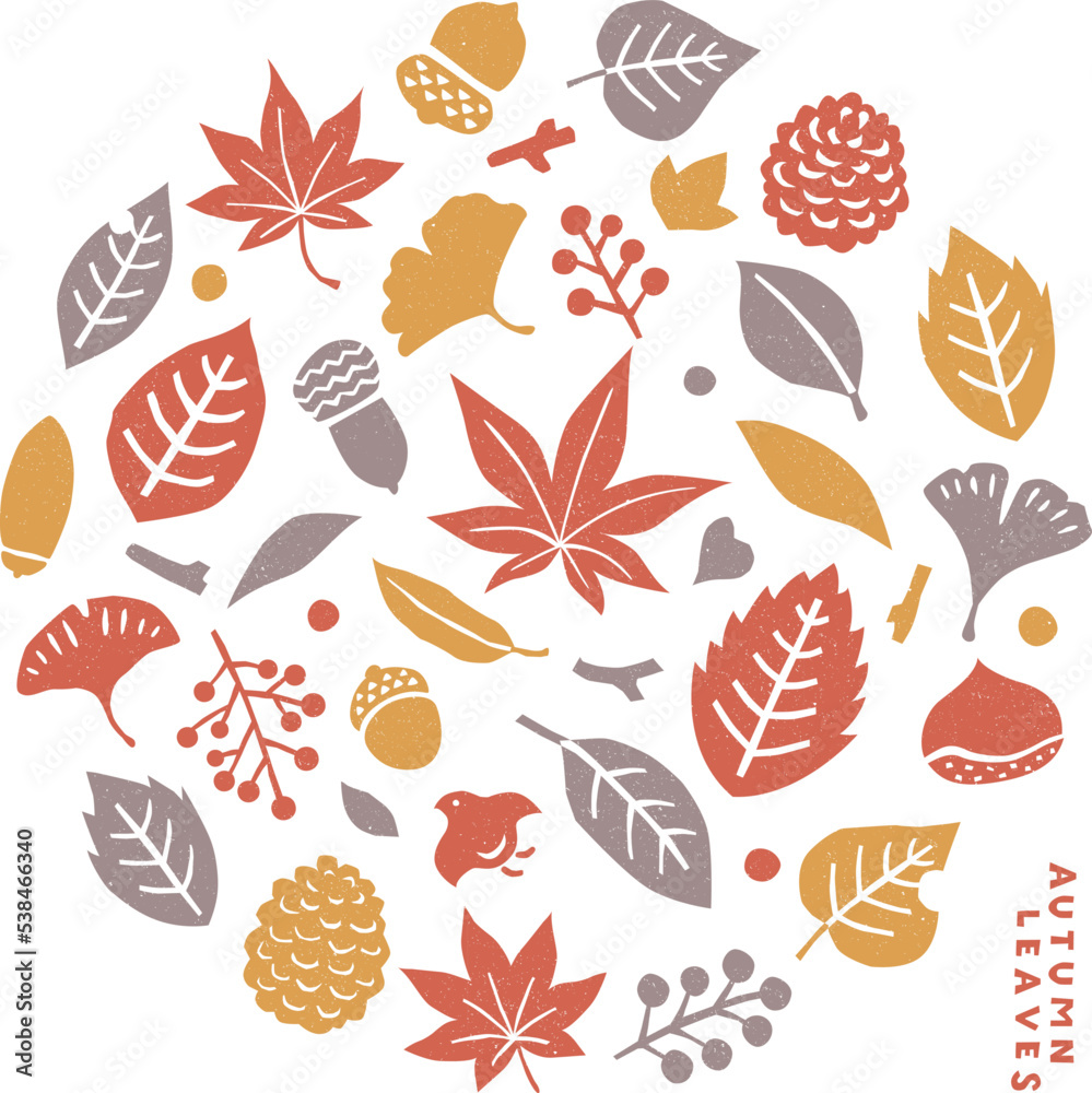 秋の紅葉と植物のはんこ風イラストセット 秋の紅葉と植物のはんこ風イラストセット