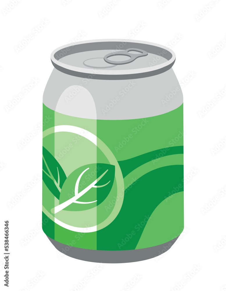 Cold drink icon. Aluminum can with green patterns and leaf logo. Natural and organic product. Refreshing cocktail or juice. Mojito and soda for summer season. Cartoon flat vector illustration Cold drink icon. Aluminum can with green patterns and leaf logo. Natural and organic product. Refreshing cocktail or juice. Mojito and soda for summer season. Cartoon flat vector illustration