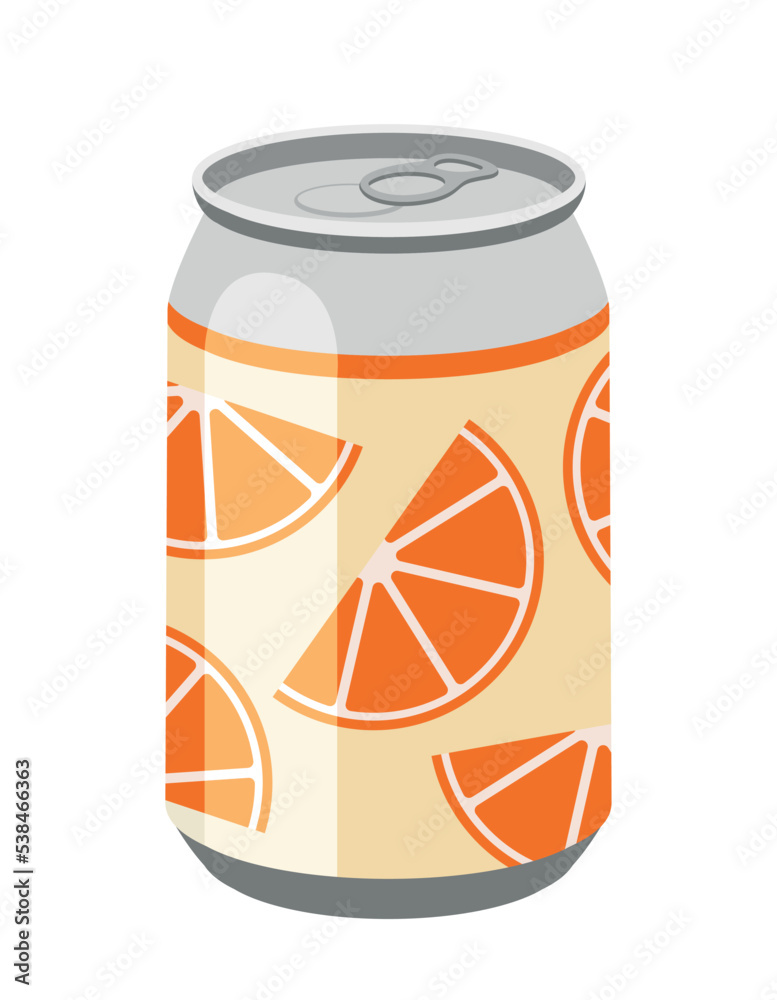 Fototapeta premium Orange drink icon. Aluminum can with soda or cocktail. Tropical and exotic countries, holidays and relaxing on beach in hot weather. Refreshing juice for summer. Cartoon flat vector illustration