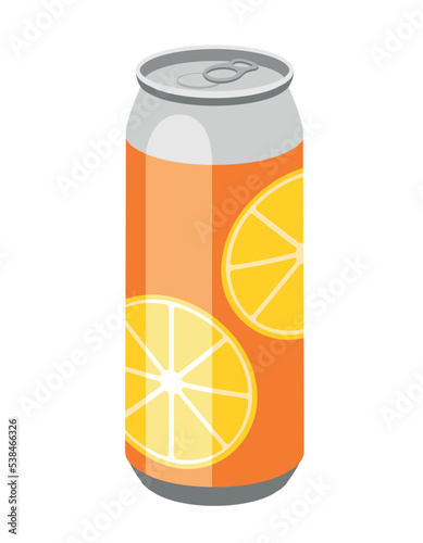 Orange soda icon. Orange aluminum can with two pieces of citrus painted on. Graphic element for website, poster or banner. Symbol of summer season and hot weather. Cartoon flat vector illustration