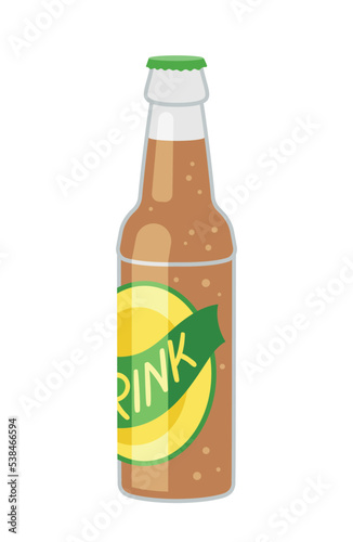 Cold drink icon. Glass bottle with yellow and green label and inscription. Brown liquid with bubbles, soda or cocktail. Refreshing sweet and tasty juice, beverage. Cartoon flat vector illustration