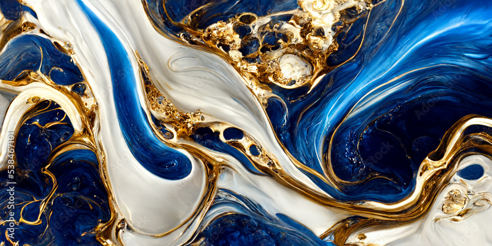 Acrylic Fluid Art. dark blue waves in the abstract ocean and golden ...